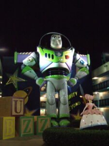 Picture of a huge Buzz Lightyear from Toy Story who sits at the All star movies resort