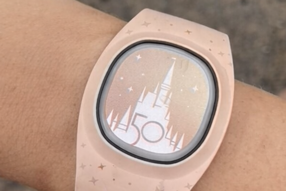 A light pink magic band on a wrist - its the 50th anniversary castle edition