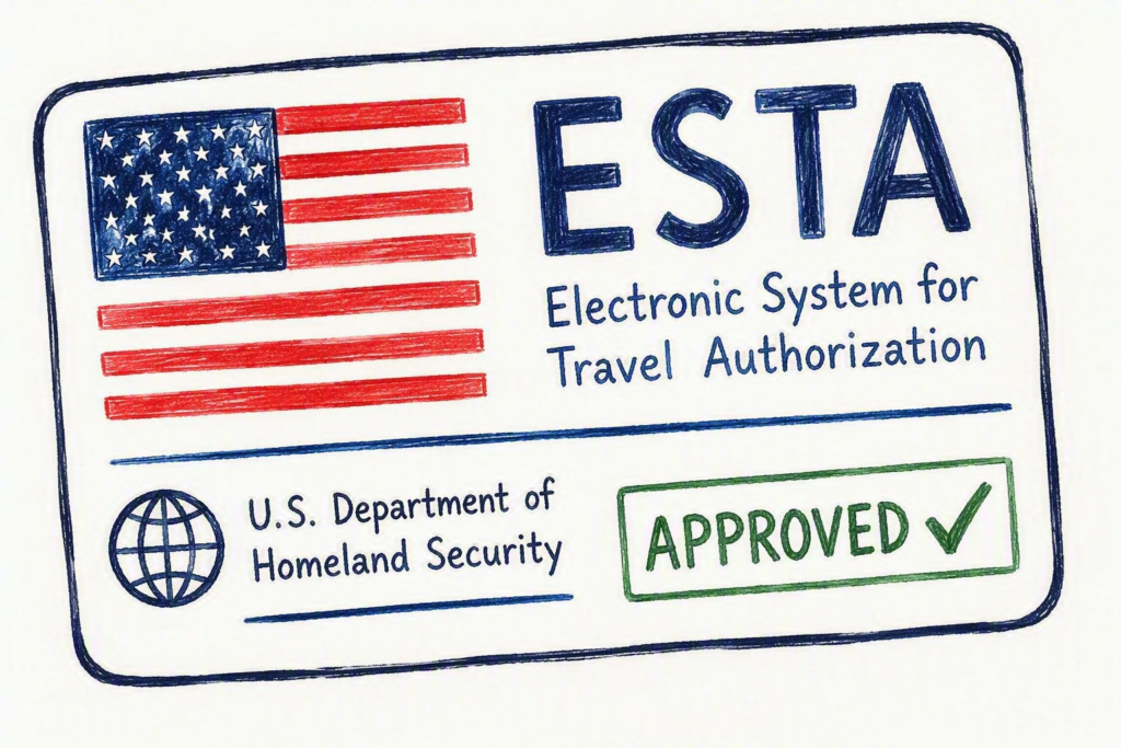 A hand drawn style of credit card with the words ESTA on it and an approved tick.