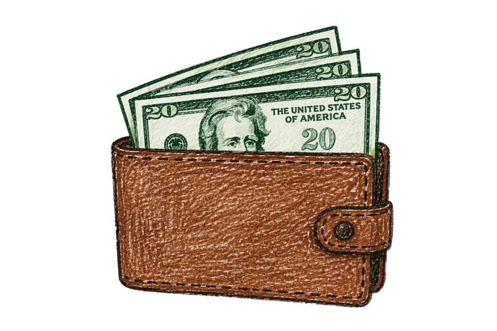 a sketched picture of a brown wallet with some dollars poking out the top - is Disney World worth the money